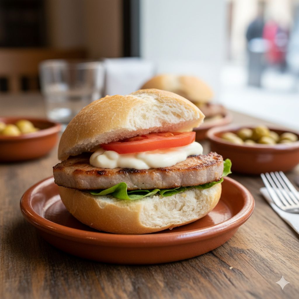Pan de barra tostado con lomo a la plancha, alioli, tomate y lechuga. Una tapa fresca, sabrosa y muy andaluza.